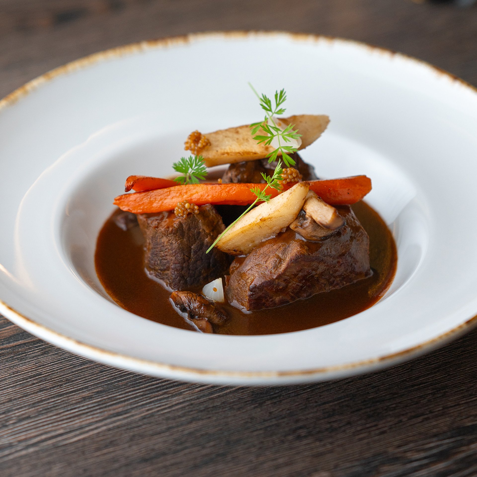 Red wine wild boar stew with root vegetables and dumplings - Introducing the stars of the new menu of Liget Royal Restaurant – P Red wine wild boar stew with root vegetables and dumplings - Introducing the stars of the new menu of Liget Royal Restaurant – Part 5